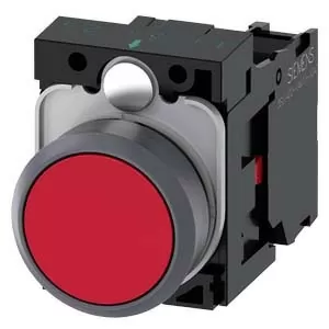 PULSADOR, 22MM, REDONDO, PLASTICO C/ANILLO FRONT. METAL, ROJO, BOTON, RASANTE, MOMENTANEO, CON SOPORTE, 1NC, BORNES DE TORNILLO