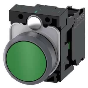 PULSADOR, 22MM, REDONDO, PLASTICO C/ANILLO FRONT. METAL, VERDE, BOTON, RASANTE, MOMENTANEO, CON SOPORTE, 1NA