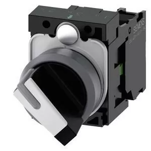 SELECTOR, ILUMINABLE, 22MM, REDONDO, PLASTICO C/ANILLO FRONT. METAL, NEGRO, BLANCO, MANILLA, CORTA, 2 POSICIONES O-I, SOSTENIDO, ANGULO 90 GRADOS