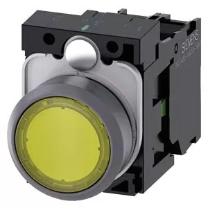 PULSADOR ILUMINADO, 22MM, REDONDO, PLASTICO C/ANILLO FRONT. METAL, AMARILLO, BOTON, RASANTE, MOMENTANEO, CON SOPORTE, 1NA, MODULO LED, CON LED INTEGRADO 110V...