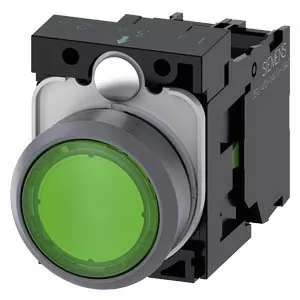 PULSADOR ILUMINADO, 22MM, REDONDO, PLASTICO C/ANILLO FRONT. METAL, VERDE, BOTON, RASANTE, MOMENTANEO, CON SOPORTE, 1NA, MODULO LED, CON LED INTEGRADO 110V AC...