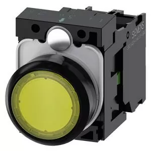 PULSADOR ILUMINADO, 22MM, REDONDO, PLASTICO, AMARILLO, BOTON, RASANTE, MOMENTANEO, CON SOPORTE, 1NA, MODULO LED, CON LED INTEGRADO 24V AC/DC, BORNES DE TORNILLO