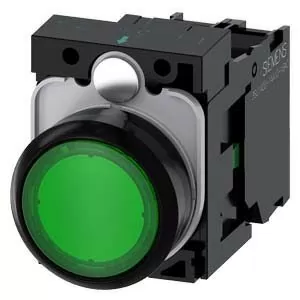 PULSADOR ILUMINADO, 22MM, REDONDO, PLASTICO, VERDE, BOTON, RASANTE, MOMENTANEO, CON SOPORTE, 1NA, MODULO LED, CON LED INTEGRADO 24V AC/DC, BORNES DE TORNILLO