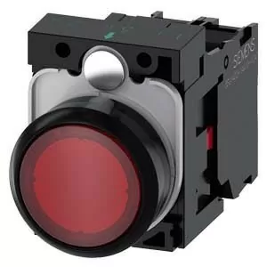 PULSADOR ILUMINADO, 22MM, REDONDO, PLASTICO, ROJO, BOTON, RASANTE, MOMENTANEO, CON SOPORTE, 1NC, MODULO LED, CON LED INTEGRADO 230V AC, BORNES DE TORNILLO